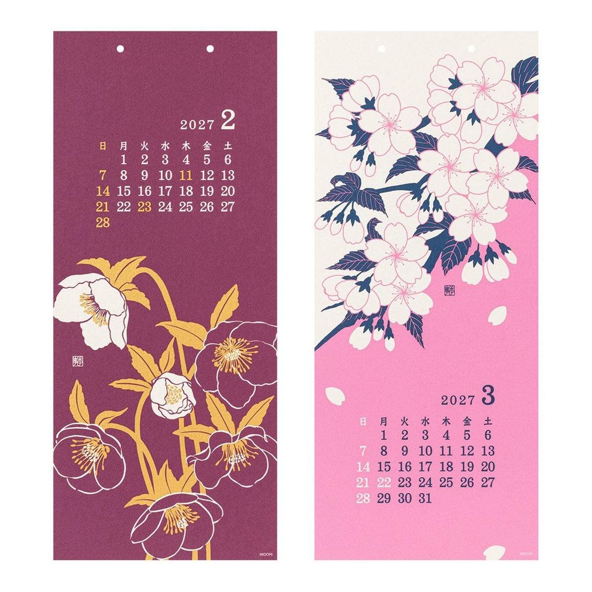 MIDORI Calendar Wall-Hanging Echizen Washi L Flower 2027